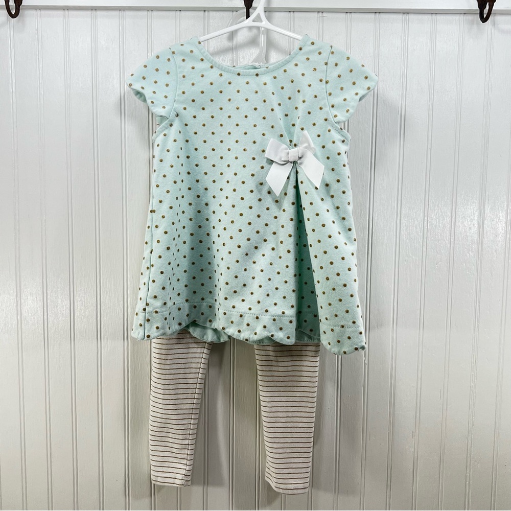 Tahari Kids 2pc Set 5T Mint Gold Polka Dot Tunic & Striped Legging Scallop Hem